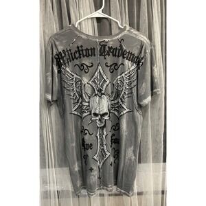 Affliction Live Fast Mens Gray Skull Cross Graphic T-Shirt Acid Wash Size L. 52